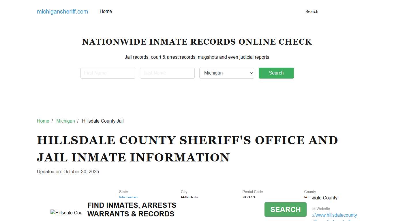 Hillsdale County Sheriff, Michigan, Jail Inmate Search