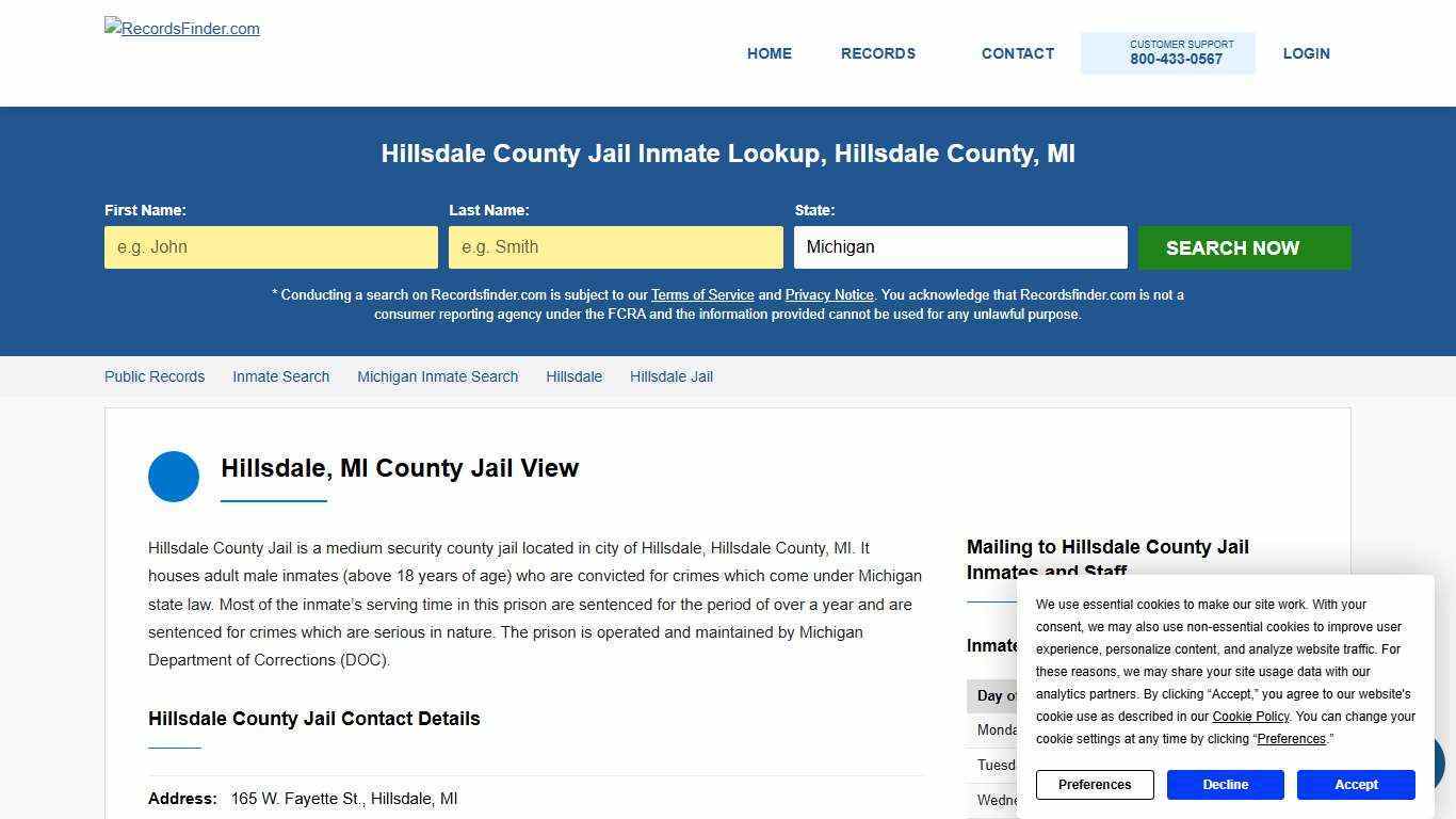 Hillsdale County Jail Roster & Inmate Lookup